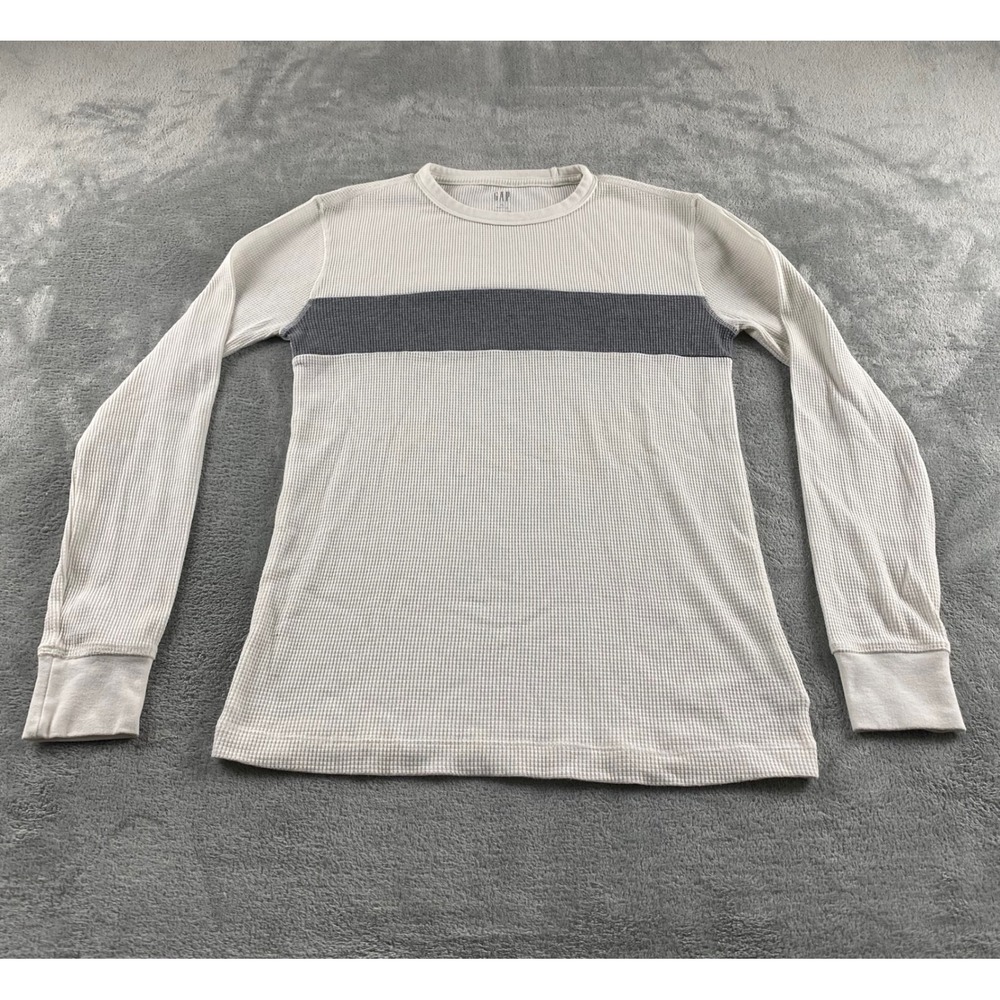 Gap XS‎ Long Sleeve Waffle Knit Thermal Top Cream Gray Chest Stripe Crew Neck